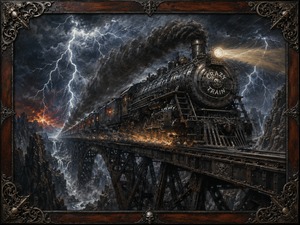 A massive locomotive crosses a towering iron bridge while lightning crashes across the mountain sky. Sparks burn beneath the wheels, smoke trails into the storm, and the canyon below disappears into mist and darkness. The mahogany-and-iron frame adds gothic elegance to this powerful journey through danger.