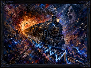 A steam train explodes from a fiery tunnel as its rails transform into glowing soundwaves, lightning ribbons, and musical energy. Fragments, guitar shapes, notes, and swirling color fill the scene with restless movement. The ebony frame with electric-blue detailing captures the musics wild, unpredictable intensity.