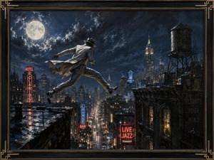 High above a rain-soaked city, a sharply dressed figure leaps between rooftops beneath a brilliant full moon. Neon signs, glowing windows, storm clouds, and a towering water tank create a thrilling sense of motion and escape. The black art-deco frame with gold detailing completes this stylish, cinematic crime-scene fantasy.