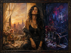 A fiercely confident woman sits between two emotional worlds: golden city light, fresh flowers, and tenderness on one side; restless color, scattered papers, and broken order on the other. Her unapologetic pose captures vulnerability, rebellion, strength, and contradiction, revealing a personality too complex to fit a single definition.