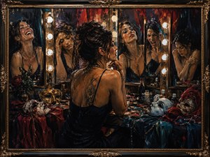 Surrounded by theatrical mirrors, a woman confronts the many faces within herself. Each reflection reveals a different emotion: joy, anger, exhaustion, confidence, and quiet vulnerability. Masks, roses, vanity lights, and rich backstage colors transform the dressing room into a powerful portrait of identity, performance, and emotional honesty.