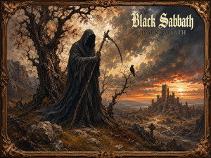 A faceless hooded wanderer stands beneath a twisted ancient tree, holding a long curved scythe. A raven waits nearby while a ruined castle rises beyond a barren valley under blazing sunset clouds. The restrained composition creates a solemn image of prophecy, isolation, death, and mysterious forbidden knowledge.
