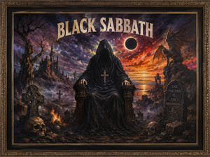 A shadowed ruler sits upon a dark throne beneath a fiery eclipse, wearing a heavy robe and metal cross. Skulls, grave markers, ruined towers, burning ground, and a crouching winged creature surround the figure. The painting feels ceremonial and apocalyptic, presenting darkness as an ancient, patient kingdom.