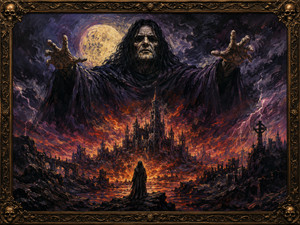 A colossal sorcerer rises across the storm-filled sky, extending both hands above a burning gothic fortress. Far below, a lone traveler stands before rivers of fire and shattered ruins. Moonlight and lightning illuminate the towering figure, creating a dramatic confrontation between fragile humanity and overwhelming supernatural power.