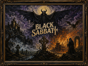 A horned, bat-winged demon spreads across the heavens above a divided landscape of frozen graves and burning ruins. A Celtic cross dominates the center while a hooded guardian watches from the fiery shore. Purple storms, ruined castles, mist, and reflected flames create a monumental vision of judgment.
