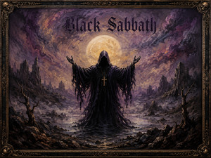 A solitary hooded figure stands in shallow dark water beneath an enormous golden moon, arms raised in an ominous ritual. Jagged mountains, dead trees, and drifting mist enclose the barren valley. A small cross hangs from the robe, suggesting a mysterious conflict between faith, darkness, and spiritual transformation.
