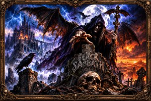 A winged grim reaper reaches toward the viewer from a shattered cemetery beneath a brilliant full moon. Lightning illuminates a haunted castle while the opposite horizon burns with infernal fire. Ravens, bats, crosses, skulls, chains, and carved gothic ornament create an intense, highly detailed vision of death approaching.