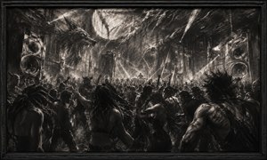 A packed industrial nightclub surges beneath enormous speaker stacks as spectral wolves emerge from torn charcoal smoke. Wild-haired dancers twist through deep shadows while a distant DJ commands the room under slashing beams of light. Dense black-to-silver gradients and a carved dark frame create fierce, primal rock energy.