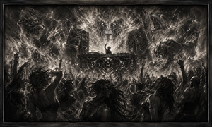 A silhouetted DJ performs between towering speakers while a roaring crowd raises its hands beneath a vast lion apparition. Wolves and shadowy beasts form within explosive charcoal clouds, surrounding the stage with supernatural force. Bright highlights, smoky gradients, and the dark integrated frame transform the nightclub into a feral musical kingdom.