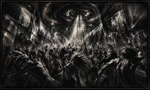 A circular ceiling vortex pours white charcoal light onto a crowded underground dance floor. Mirrored walls, raised balconies, frantic silhouettes, and sweeping shadows create a hypnotic sense of motion. Dancers bend and twist beneath the luminous spiral while dense black gradients and a restrained dark frame capture reckless rhythm and release.