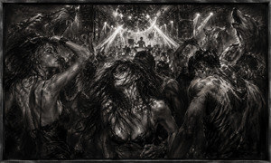 Beneath a mirrored disco ball, close-packed dancers surrender to heat, sound, and uncontrolled motion. Flying hair, muscular figures, towering speakers, and ghostly wolves fill the smoky charcoal club. Sharp silver highlights cut through velvety darkness, while the heavy integrated frame gives the intimate, dangerous scene a dramatic gallery presence.