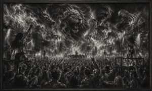 A monumental fantasy nightclub stretches across balconies, platforms, lighting rigs, and speaker towers as a massive lion and other spectral animals rise through the smoke. Thousands of raised hands fill the panoramic floor beneath theatrical beams. Dense charcoal detail and an ornate dark frame turn the rave into a savage nocturnal kingdom.
