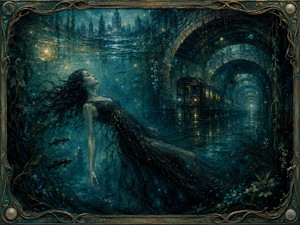 A graceful woman drifts through a flooded underground world where trains, stone arches, fish, and glowing city lights merge beneath the water. Teal shadows and golden reflections create a hypnotic dream suspended between reality and memory, while the organic aquatic frame completes this haunting, imaginative statement piece.
