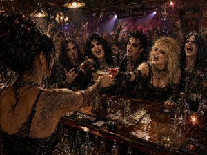 Viewed over a tattooed bartenders shoulder, a jubilant gothic crowd reaches across a cluttered wooden bar for colorful cocktails. Warm amber lamps, crimson and violet spotlights, deep shadows, smoky haze, and glossy reflections create a feverish late-night atmosphere. Expressive faces, scattered cash, glassware, spills, and painterly textures heighten the rebellious rock-club energy.