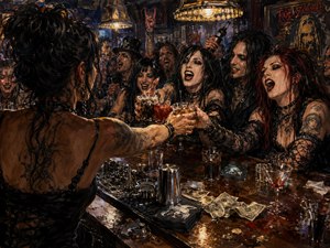From behind a tattooed female bartender, the viewer faces a roaring gothic crowd reaching for drinks across a wet, cluttered bar. Warm amber lamps cut through smoky darkness, creating sharp reflections and deep shadows. Rich blacks, reds, and browns, expressive brushwork, scattered tools, spills, glasses, and cash intensify the wild late-night energy.
