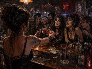 From behind a tattooed female bartender, the viewer looks across a cluttered wooden bar as she serves crimson cocktails to a roaring gothic crowd. Black lace, leather, smoky haze, scattered cash, glasses, and cocktail tools fill the scene. Fiery amber and red lighting creates deep shadows, glossy reflections, and a rebellious painted intensity.