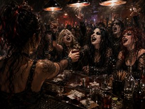 A tattooed female bartender reaches across a cluttered counter, serving drinks to a roaring crowd of gothic revelers. Warm overhead lamps cut through smoky darkness, reflecting off wet wood, bottles, glasses, cocktail tools, scattered cash, and spills. Rich blacks, crimson accents, and expressive brushwork create a wild, cinematic late-night atmosphere.