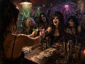 From behind a tattooed bartender, vivid cocktails are passed across a cluttered counter to a roaring gothic crowd. Green and magenta UFO lights cut through smoky darkness, reflecting from glasses, metal shakers, spilled drinks, and scattered cash. Rich hand-painted textures, dramatic shadows, alien decor, and wild expressions create a chaotic late-night atmosphere.