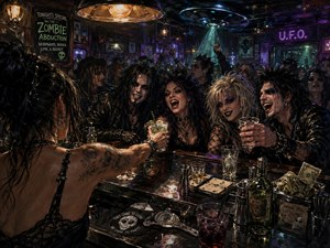 From behind a tattooed female bartender, the viewer looks across a cluttered, reflective bar toward a jubilant gothic crowd. Neon violet, blue, and green lights cut through smoky haze, while a hovering UFO casts an eerie beam. Scattered glasses, tools, spills, cash tips, and alien-themed details enrich the dramatic hand-painted scene.
