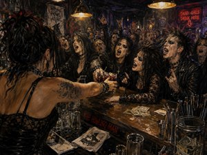 From behind a tattooed female bartender, the viewer looks across a cluttered wooden bar as she serves dark cocktails to a howling crowd of gothic patrons. Warm overhead lamps cut through smoky haze, casting gold highlights, deep shadows, and reflections over black leather, scattered glassware, cash tips, spilled drinks, and expressive hand-painted faces.