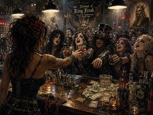 A tattooed female bartender reaches across a cluttered wooden counter toward a jubilant gothic crowd beneath blazing pendant lights. Rich blacks, amber highlights, crimson accents, smoky haze, and mirrored spills create a feverish late-night atmosphere. Hand-painted textures, raised drinks, scattered tools, cash tips, and macabre royal imagery heighten the theatrical chaos.