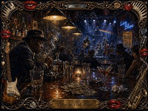 A richly textured hand-painted blues club unfolds beneath smoky midnight light, with a brooding patron at a cluttered bar facing musicians onstage. Deep blues, amber golds, and glossy reflections heighten the dramatic mood. Glasses, spilled drinks, cash, instruments, and haze fill the scene, framed by ornate musical motifs and red lips.