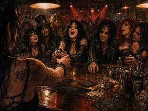 From behind a tattooed female bartender, a drink is passed across a cluttered, reflective counter toward a jubilant crowd of gothic rockers. Scattered glasses, shakers, napkins, spills, and cash tips enrich the scene. Fiery amber and crimson lighting, smoky haze, deep shadows, and expressive painterly detail create wild late-night energy.