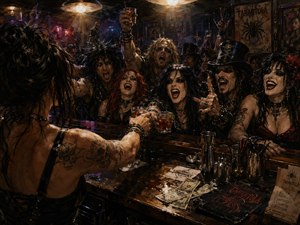 A tattooed female bartender reaches across a cluttered wooden counter toward a roaring crowd of gothic revelers. Scattered drinks, cocktail tools, napkins, spills, and cash tips fill the foreground. Warm overhead lights cut through smoky haze, creating amber highlights, deep shadows, and glossy reflections in a dramatic, richly textured hand-painted style.