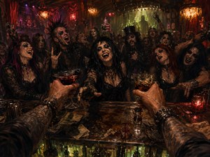 From the bartenders viewpoint, tattooed hands offer glowing cocktails across a wet, cluttered counter toward a jubilant gothic crowd. Scattered cash, glasses, tools, and spills sharpen the chaotic nightclub atmosphere. Deep reds, amber highlights, sickly greens, smoky shadows, and expressive hand-painted detail create a sinister, theatrical, late-night energy.