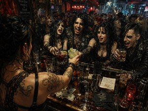 Seen over a tattooed female bartenders shoulder, a rowdy gothic crowd reaches for cocktails across a cluttered, wet bar scattered with glasses, shakers, napkins, spills, and cash tips. Fiery reds, amber highlights, and cool blue shadows create a smoky, chaotic late-night mood in a richly textured, cinematic hand-painted style.