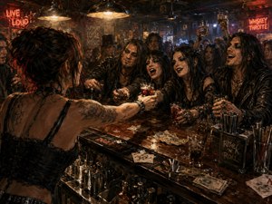 Viewed over a tattooed female bartenders shoulder, a rowdy gothic crowd reaches for drinks across a cluttered wooden bar. Warm amber lights cut through smoky shadows, gleaming on glasses, metal tools, spilled liquor, and cash tips. Rich browns, blacks, and reds heighten the energetic, hand-painted rock-and-roll atmosphere.