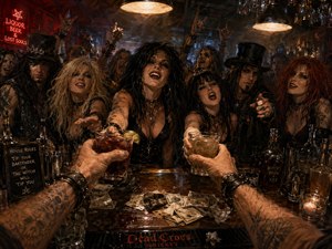 From the bartenders viewpoint, tattooed hands offer cocktails across a cluttered, reflective bar to a boisterous gothic crowd. Warm amber lamps and crimson neon cut through smoky darkness, illuminating scattered cash, bottles, napkins, and spills. Rich painterly textures, dramatic shadows, occult details, and expressive faces create a wild late-night atmosphere.