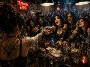 From behind a tattooed female bartender, the viewer looks across a wet, cluttered counter toward a roaring gothic crowd reaching for drinks. Neon reds, smoky blues, and amber lamps create fierce highlights and deep shadows. Cash tips, glasses, bottles, tools, and spills enrich the cinematic, hand-painted late-night chaos.