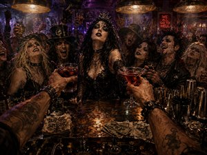 From the bartenders viewpoint, tattooed arms extend crimson cocktails toward a roaring gothic crowd led by a crowned, black-haired woman. The cluttered bar gleams with spilled drinks, cash, napkins, bottles, and metal shakers. Warm gold lamps, purple haze, deep shadows, and painterly textures create a decadent, theatrical midnight atmosphere.