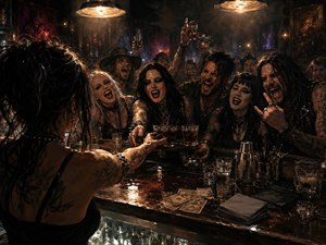 A tattooed female bartender reaches across a wet, cluttered counter toward a roaring crowd of gothic revelers. Warm amber lights cut through smoky darkness, casting sharp highlights across raised glasses, scattered tools, napkins, spills, and cash tips. Rich browns, blacks, and crimson accents create a gritty, cinematic hand-painted atmosphere.