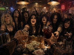 A tattooed bartender thrusts cocktails across a wet, cluttered counter toward a roaring crowd of gothic revelers. Scattered glasses, tools, napkins, spilled drinks, coins, and cash fill the foreground. Warm amber lamps, crimson neon, smoky haze, and deep shadows create a chaotic late-night atmosphere in richly textured, dramatic hand-painted style.