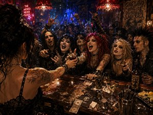 From behind a tattooed female bartender, a chaotic gothic crowd surges toward the bar for drinks. Scattered glasses, shakers, napkins, cash tips, and spilled liquor cover the counter. Fiery red lamps and cold blue shadows cut through smoky haze, creating a loud, cinematic, hand-painted scene charged with wild late-night energy.