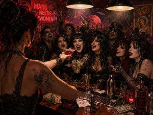 A tattooed female bartender reaches across a cluttered counter toward a roaring crowd of gothic revelers in a smoky, Mars-themed nightclub. Crimson neon, warm pendant lights, deep shadows, and metallic reflections intensify the chaotic late-night energy. Expressive hand-painted detail fills the scene with cocktails, cash tips, spilled drinks, leather, lace, and retro science-fiction imagery.