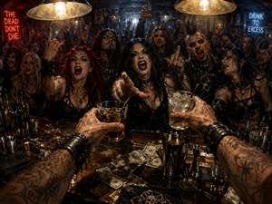 From the bartenders viewpoint, tattooed hands extend cocktails across a wet, cluttered counter toward a roaring gothic crowd. Warm pendant lights cut through smoky darkness, illuminating black leather, pale faces, red hair, scattered cash, glassware, and bar tools. Rich browns, crimson neon, and icy blue highlights create a gritty, energetic hand-painted atmosphere.