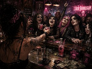 From behind a tattooed female bartender, a crowded gothic bar erupts with wild laughter as pink cocktails pass across a cluttered counter strewn with glasses, tools, spills, napkins, and cash tips. Neon magenta and warm overhead lights cut through smoky shadows, creating glossy reflections and a gritty, cinematic hand-painted atmosphere.