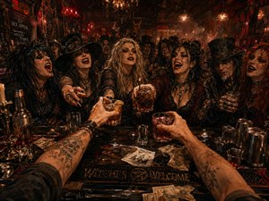 From the bartenders viewpoint, tattooed arms extend cocktails across a cluttered counter toward a jubilant gothic crowd. Warm amber and blood-red lights cut through smoky haze, illuminating wild faces, black lace, hats, scattered cash, glasses, and bar tools. The richly detailed hand-painted style creates a theatrical, occult, late-night atmosphere.