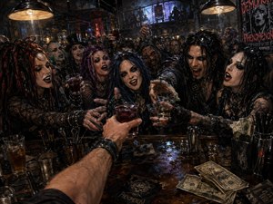 From the bartenders viewpoint, a roaring gothic crowd reaches across a cluttered, wet bar for drinks. Black leather, lace, dramatic makeup, scattered cash, glasses, tools, and spills fill the scene. Warm overhead lamps cut through smoky darkness, creating harsh highlights, deep shadows, and a sinister, energetic hand-painted nightclub atmosphere.