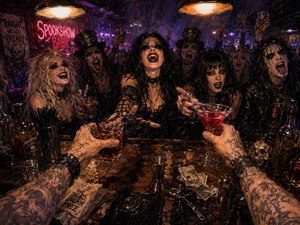 From the bartenders viewpoint, tattooed hands offer crimson cocktails across a cluttered, spill-streaked counter to a rowdy gothic crowd. Warm amber lamps, red neon, and purple haze carve dramatic highlights and deep shadows. Painted with gritty, expressive detail, the scene bursts with leather, lace, cash tips, glassware, and chaotic midnight energy.