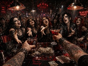 From the bartenders viewpoint, tattooed arms extend crimson drinks across a cluttered, reflective bar toward a roaring gothic crowd. Red chandeliers and industrial lamps carve intense highlights through smoky darkness, illuminating leather, lace, dramatic makeup, scattered cash, glasses, tools, and spills in a richly textured, hand-painted scene charged with chaotic late-night energy.