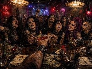 From the bartenders viewpoint, a tattooed arm passes drinks across a cluttered, reflective counter to a packed gothic crowd. Red, purple, blue, and amber lights cut through smoky haze, creating fierce highlights and shadows. Scattered cash, bottles, glasses, tools, spills, and skull details intensify the hand-painted, chaotic late-night atmosphere.