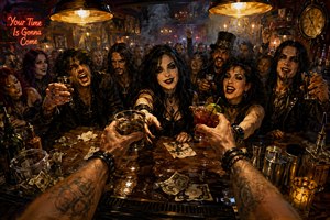 A bartenders tattooed arms extend two drinks across a gleaming, cluttered bar toward a jubilant gothic crowd. Black leather, lace, chains, scattered cash, glasses, shakers, and small spills fill the scene. Fiery amber lights, crimson neon, smoky shadows, and rich reflections create a loud, theatrical late-night atmosphere in dramatic painterly style.