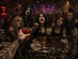 From the bartenders viewpoint, a tattooed arm passes vivid cocktails across a wet, cluttered counter toward a roaring crowd of gothic revelers. Deep reds, smoky purples, and golden spotlights cut through haze, reflecting off glass, metal, spilled drinks, cash tips, skull decor, and leather clothing in a dramatic, hand-painted rock-horror scene.