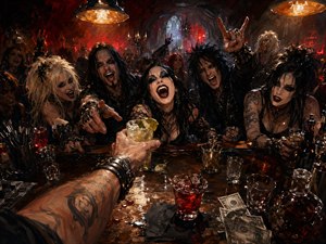 From the bartenders viewpoint, a tattooed arm extends a drink across a cluttered, spill-slick counter toward a roaring gothic crowd. Black leather, lace, dramatic makeup, scattered glasses, cash tips, and bottles fill the scene. Fiery red and amber lights cut through smoky shadows in a vivid, cinematic hand-painted style.