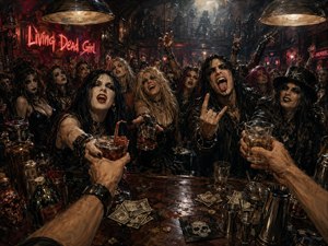 From the bartenders viewpoint, a wild gothic crowd surges across a cluttered bar, reaching for drinks beneath glowing industrial lights. Deep blacks, crimson neon, amber reflections, and smoky haze create a fierce late-night mood. Hand-painted textures, scattered cash, glassware, spills, metal tools, and dramatic expressions intensify the chaotic rock atmosphere.