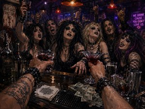 From the bartenders viewpoint, tattooed arms extend crimson cocktails toward a roaring gothic crowd packed around a cluttered, reflective bar. Scattered cash, bottles, glasses, napkins, and tools heighten the chaos. Purple, red, and amber lights cut through smoky shadows, creating a dramatic, hand-painted scene of wild late-night revelry.